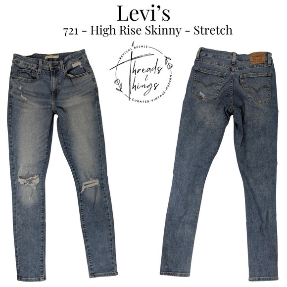 Levi's Denim - Levis 721 Jeans Women 27 Blue Denim High Rise Skinny Stretch Distressed Chic 90s